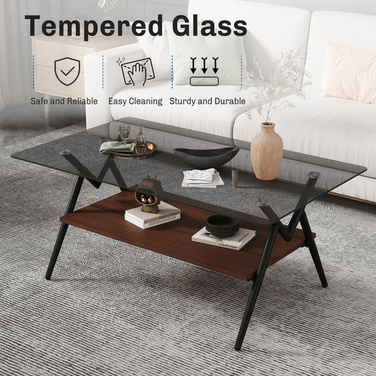 Rectangle Coffee Table with Tempered Glass Top and Brown MDF Shelf, Modern Design for Living Rooms, Gray Glass