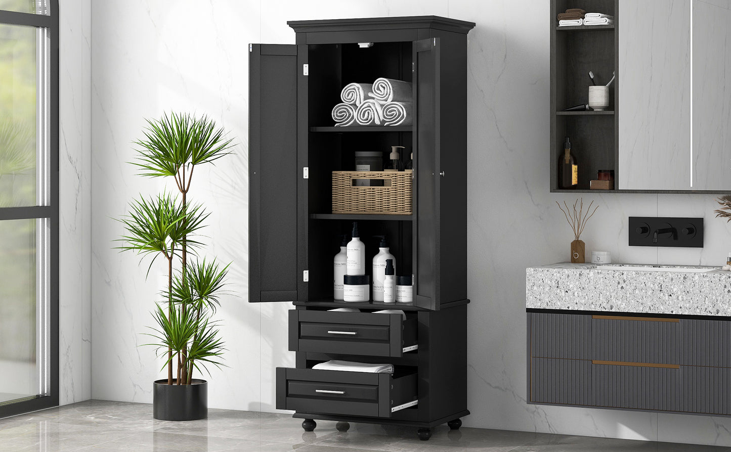 Tall Storage Cabinet with Two Drawers, Perfect for Bathrooms and Offices, Black Finish