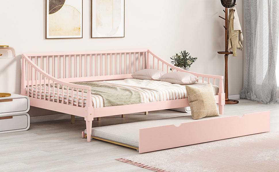 Full Size Daybed with Trundle and Support Legs, Pink Finish for Bedrooms