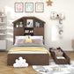 Twin Size Wood Platform Bed with House-shaped Storage Headboard and 2 Drawers Walnut