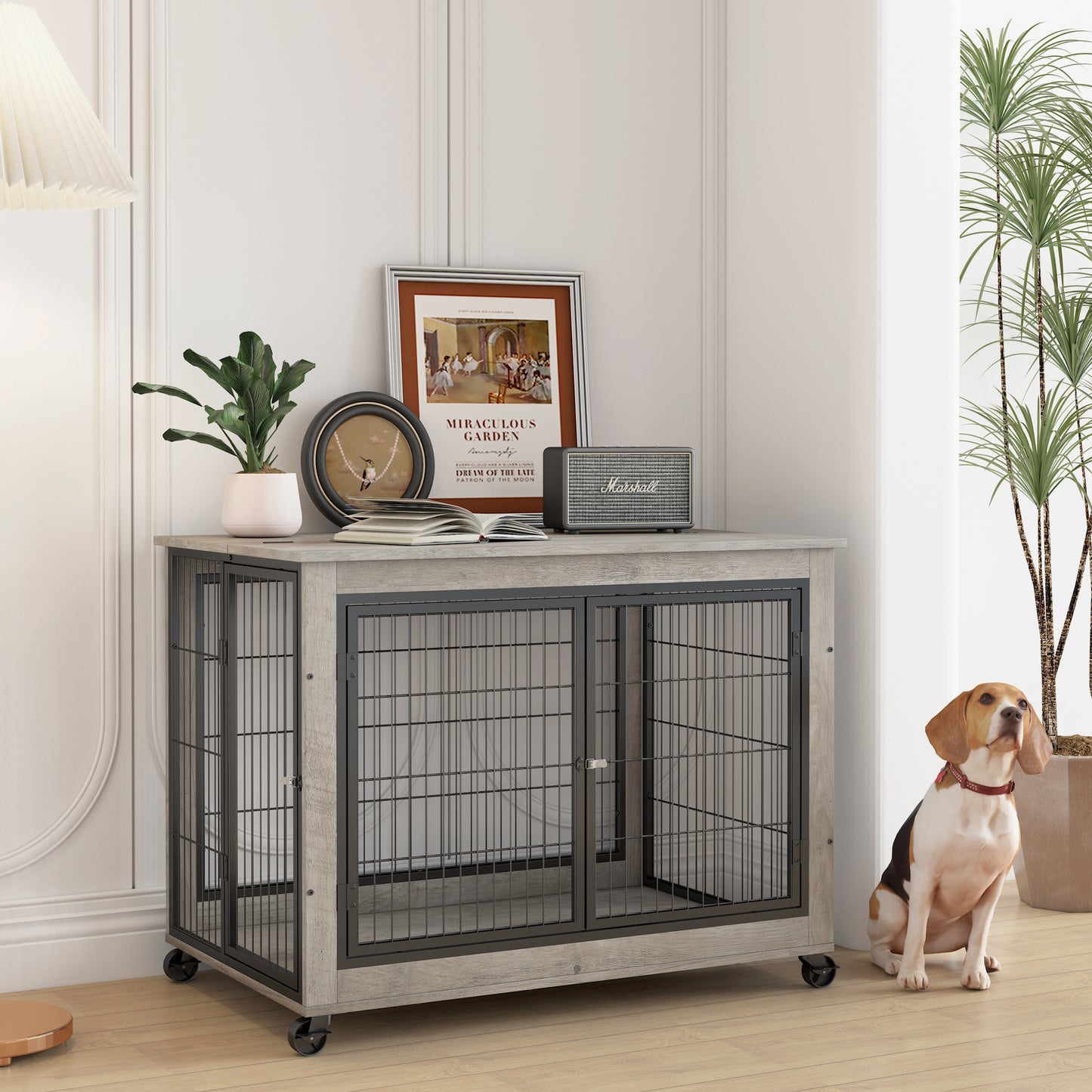 Furniture Style Dog Crate Side Table on Wheels with Double Doors and Lift Top.Grey,38.58''w x 25.5''d x 27.36''h