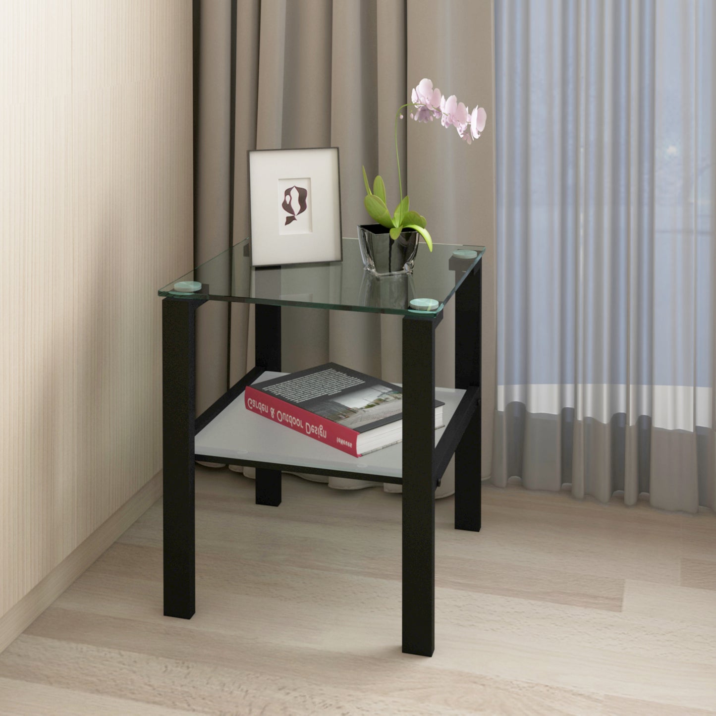 Glass Two-Layer Tea Table, Small Round Design for Bedroom Corners and Living Rooms, Black Finish