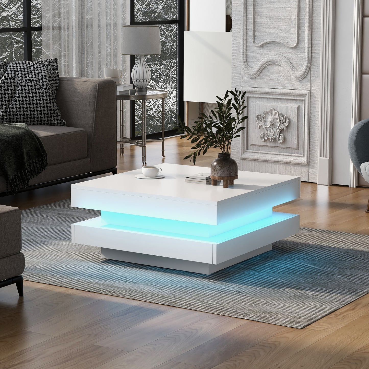 Mesa de centro minimalista cuadrada de alto brillo ON-TREND con luces LED, diseño de 2 niveles en acabado blanco