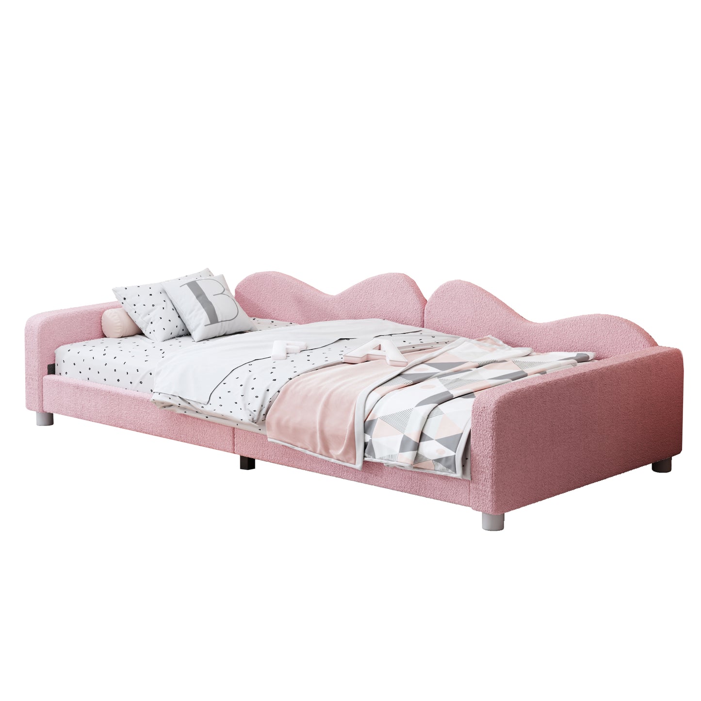 Twin size Upholstered Daybed, Sherpa Fabric Sofabed with Cloud-Shaped Backrest, No Box-spring Needed, Pink