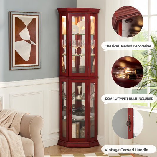 Corner Curio cabinet with illuminated glass display stand and tempered glass door, with adjustable bracket and light bulb