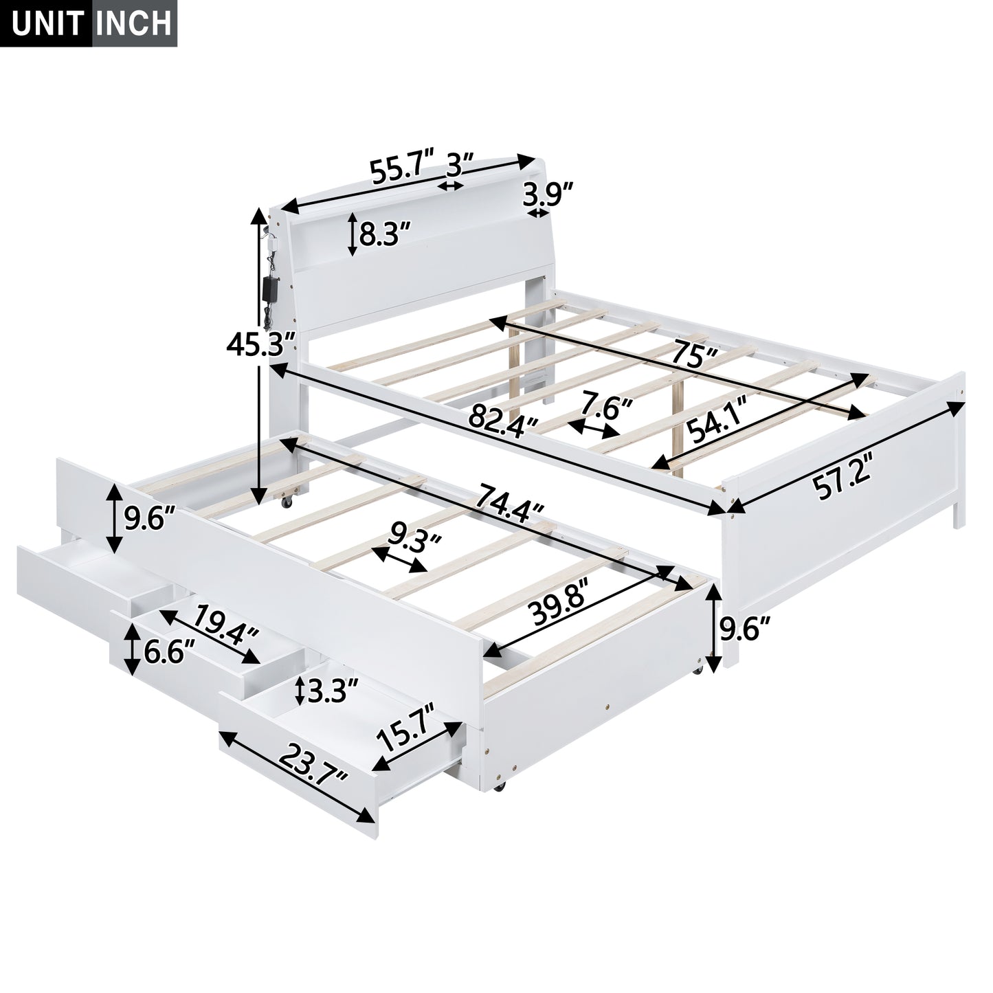 Full Size Platform Bed with Storage LED Headboard  Twin Size Trundle and 3 Drawers White