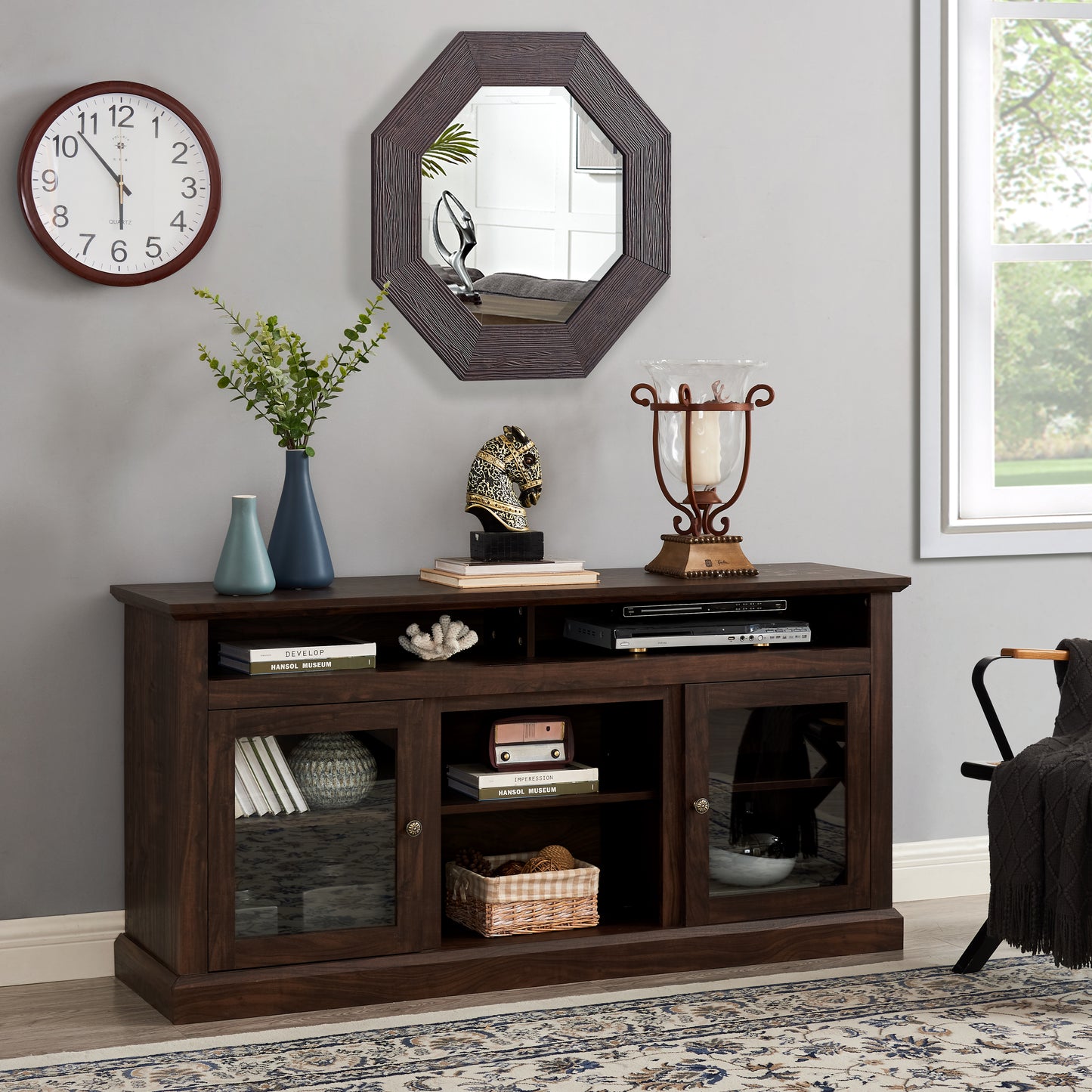 Contemporary TV Media Stand, Modern Entertainment Console in Brown Finish for Living Rooms