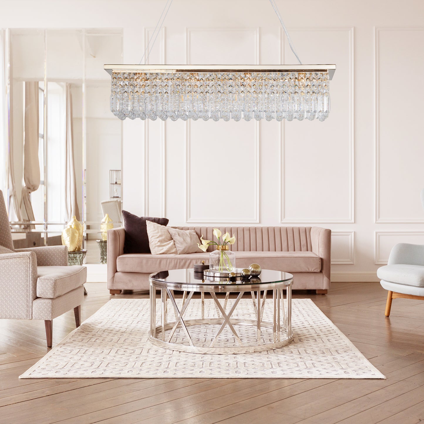 Modern Crystal Chandelier for Dining Room 8-Light Gold Rectangle Raindrop Chandelier L39.4'' x W9.8'' x H8.7'(Bulb Not Included)