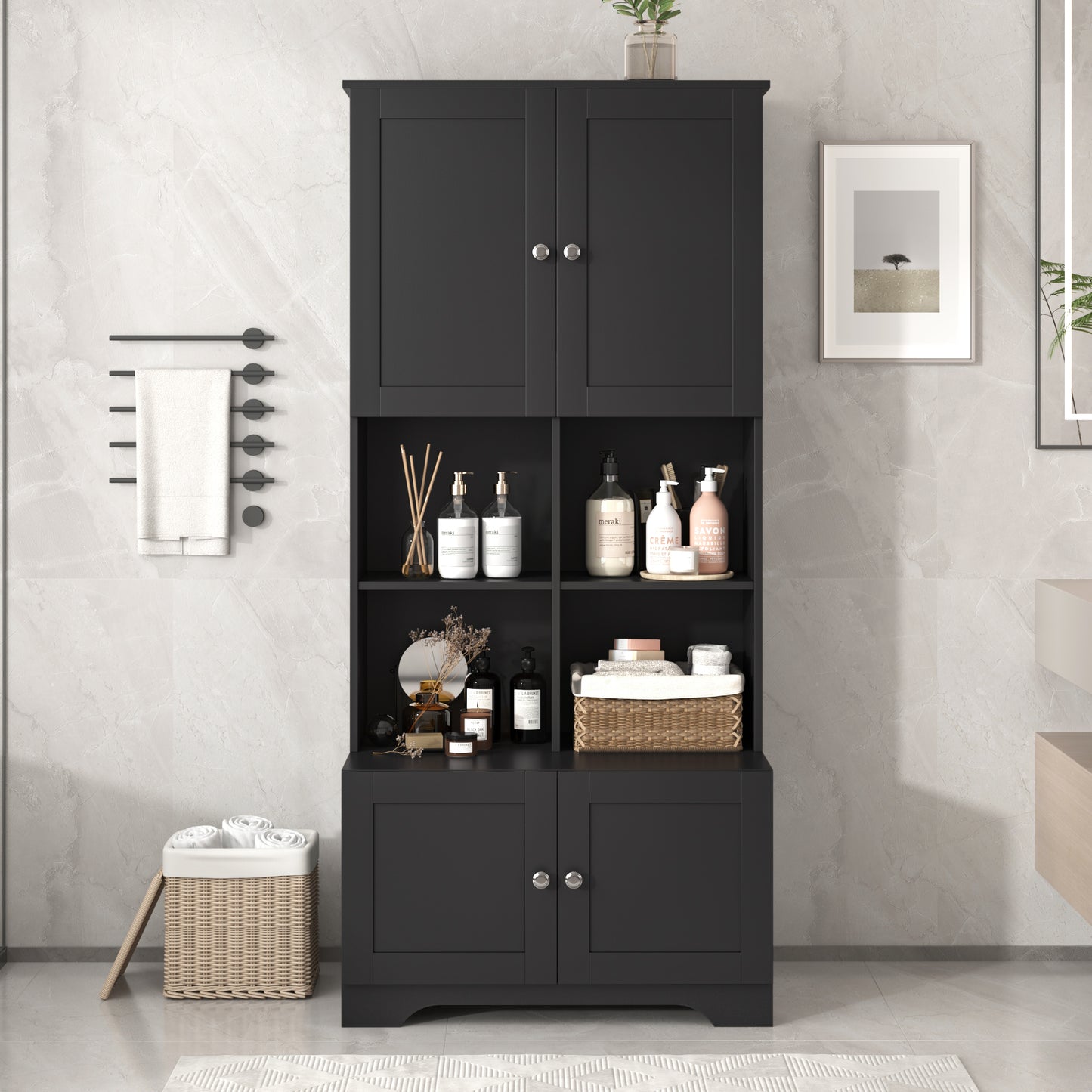 Bathroom storage cabinet, 4-door independent cabinet, adjustable shelf, open multi-layer shelf, black