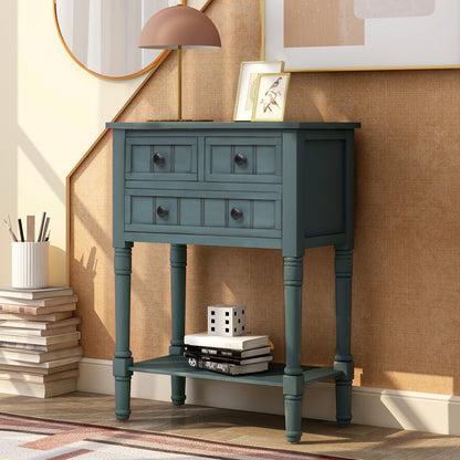 TREXM Narrow Console Table, Slim Sofa Table with 3 Storage Drawers and Bottom Shelf, Navy Finish