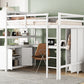 Wood Loft Bed with Cabinet and Bookshelf, Full Size Loft with Wardrobe and Desk for Kids,White