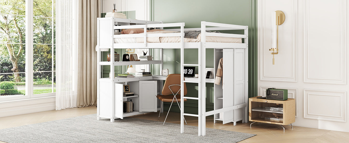 Wood Loft Bed with Cabinet and Bookshelf, Full Size Loft with Wardrobe and Desk for Kids,White