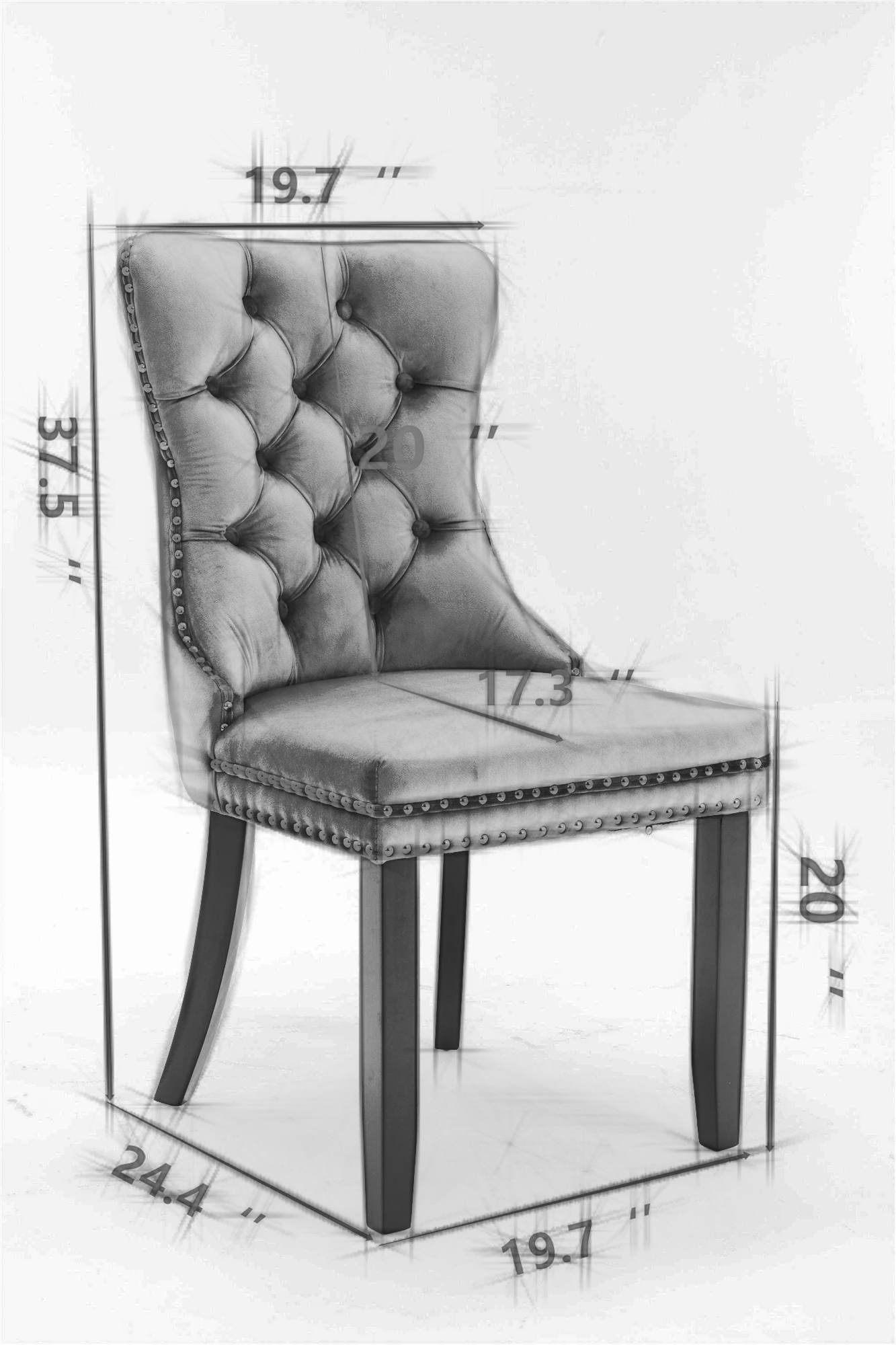 Modern high-end plush solid wood velvet cushioned dining chair with wooden leg nail head decoration, two piece set in gray