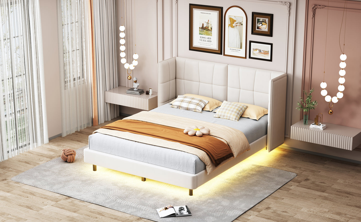 Queen Size Upholstered Platform Bed with LED Lights and U-Shaped Headboard, Linen Fabric, Beige