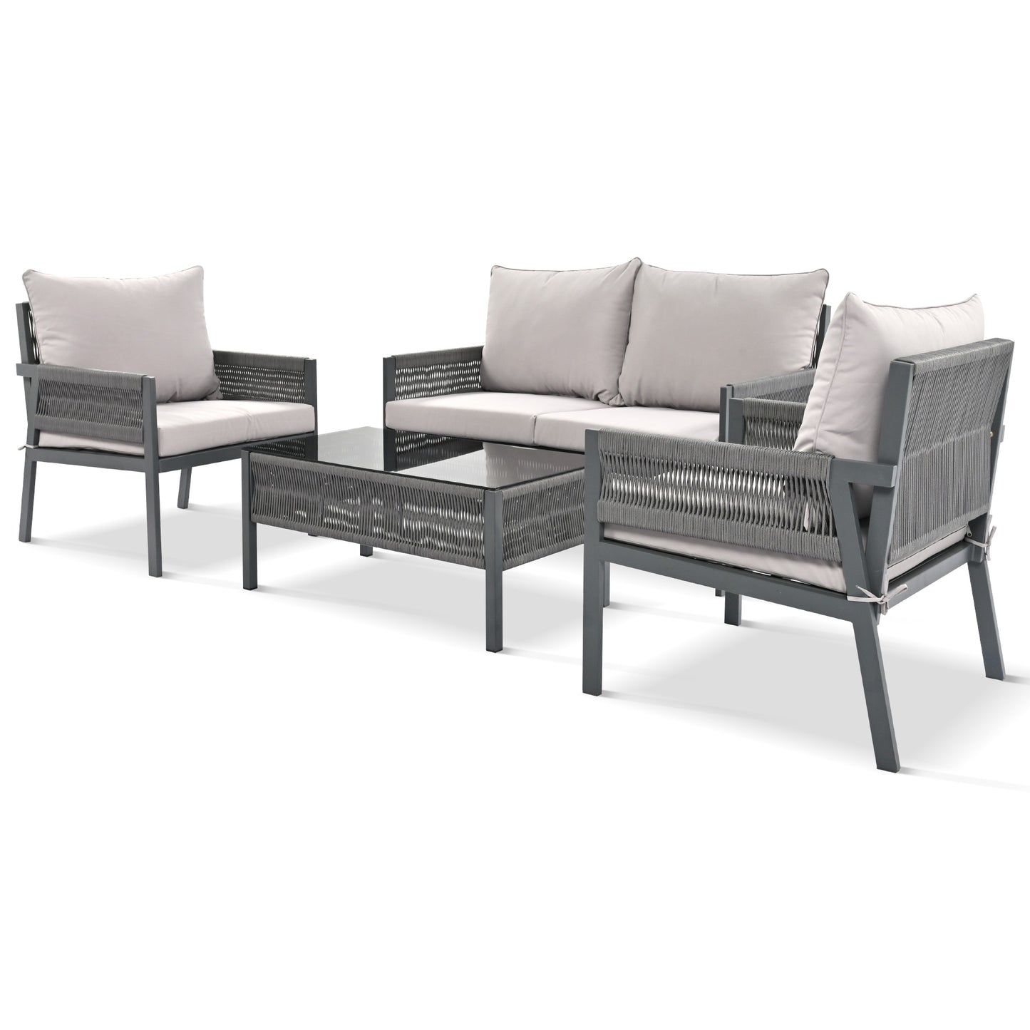 Muebles de exterior con mesa de vidrio templado, asientos profundos con cojines gruesos para patios y porches, color gris