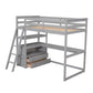 Twin Size Loft Bed with Desk and Shelves, Two Built-in Drawers, Gray