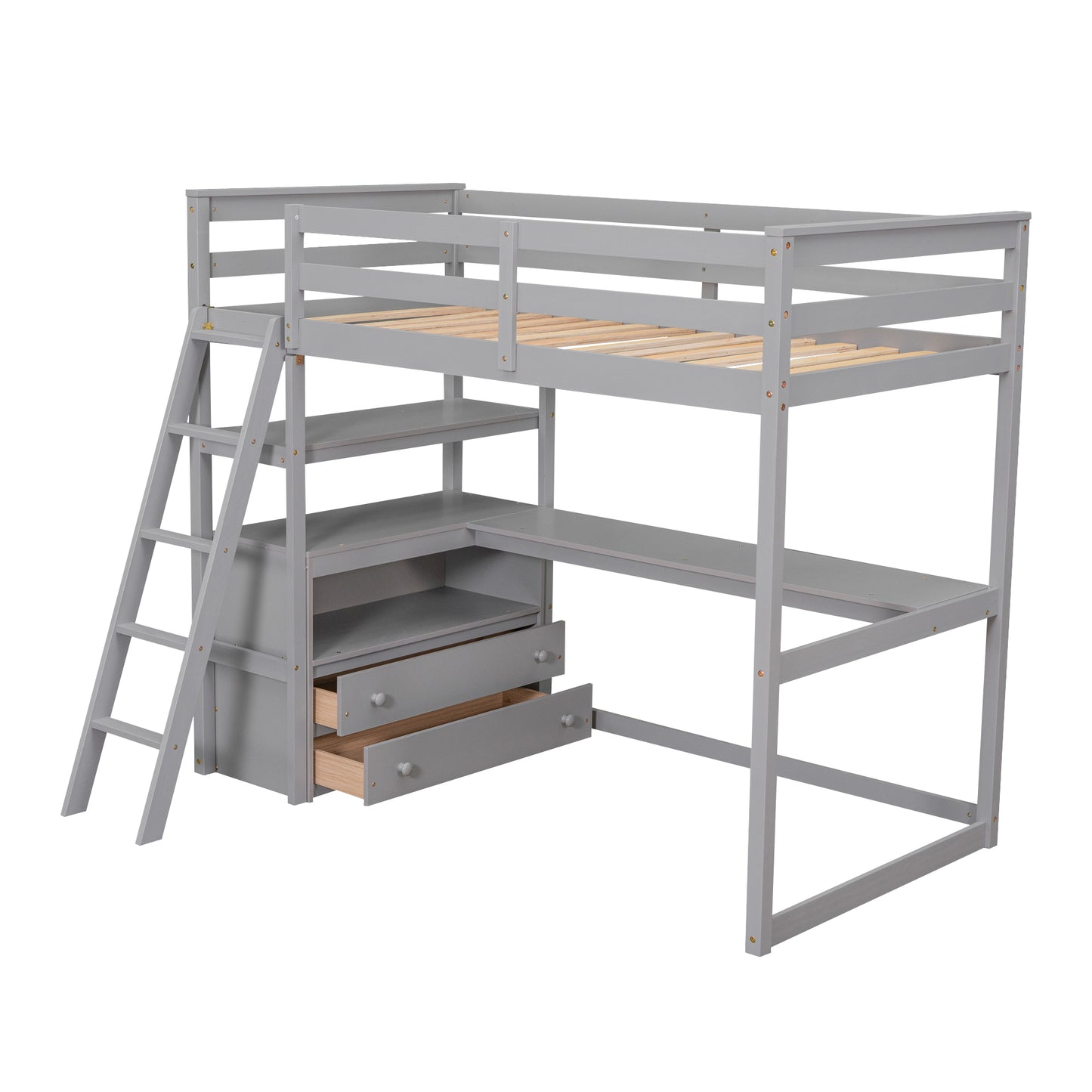 Twin Size Loft Bed with Desk and Shelves, Two Built-in Drawers, Gray