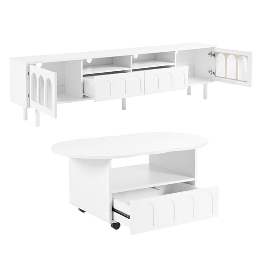 Two sets of ON-TRANS cream style TV stands and coffee tables, suitable for TVs under 80 inches, white