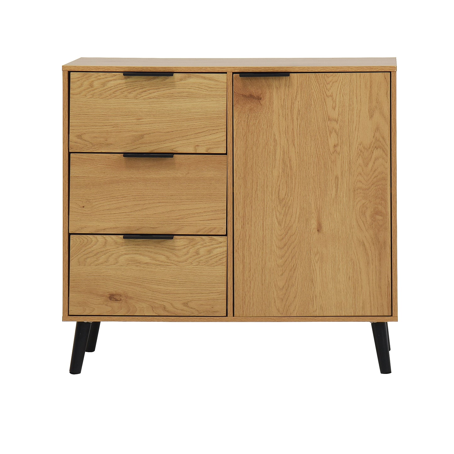 Storage cabinet with 3 drawers and adjustable shelves, medieval cabinet with doors in natural wood color