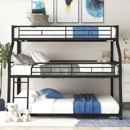 Twin XL/Full XL/Queen Triple Bunk Bed with Long and Short Ladder and Full-Length Guardrails Black