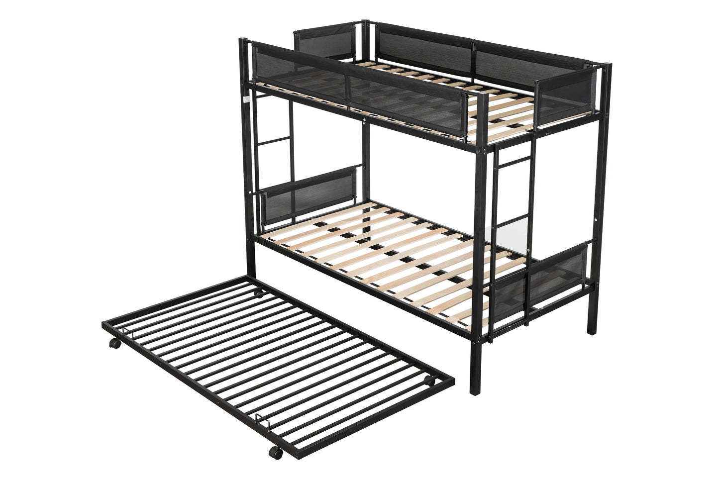 Metal double bed with casters/sturdy frame/no noise/comfortable guardrail/2 side ladders/no need for spring box