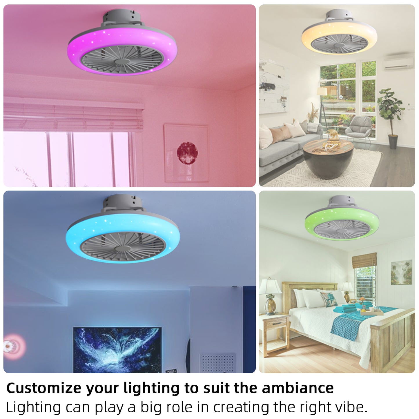 Smart LED Bladeless Ceiling Fans Remote with Alexa/Google, Modern Flush Mount RGB Ceiling Fan for Bedroom