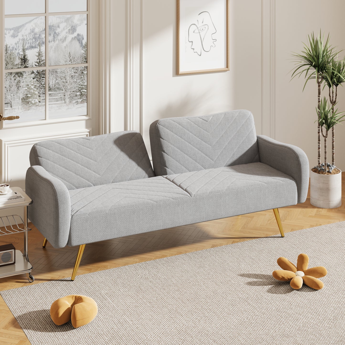 Gray Fabric Double Sofa with Split Backrest and Two Throw Pillows