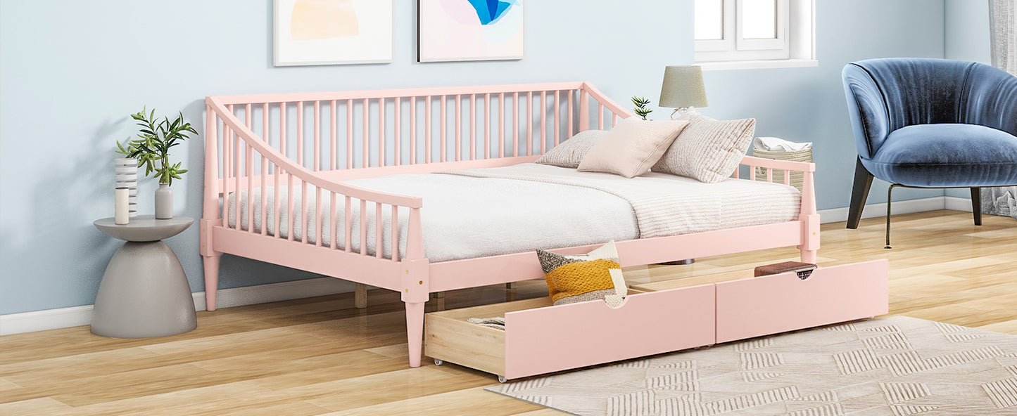 Full Size Daybed with Two Storage Drawers and Support Legs Pink