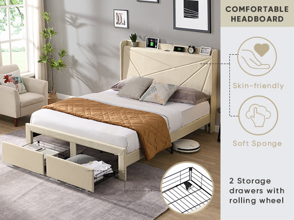 Full Size Bed Frame with 2 Storage Drawers Upholstered Bed Frame Beige