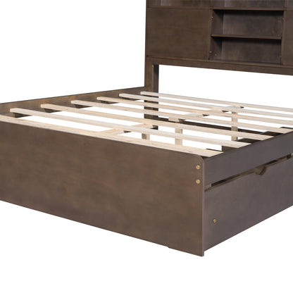 Full Platform Bed with Storage Headboard Walnut