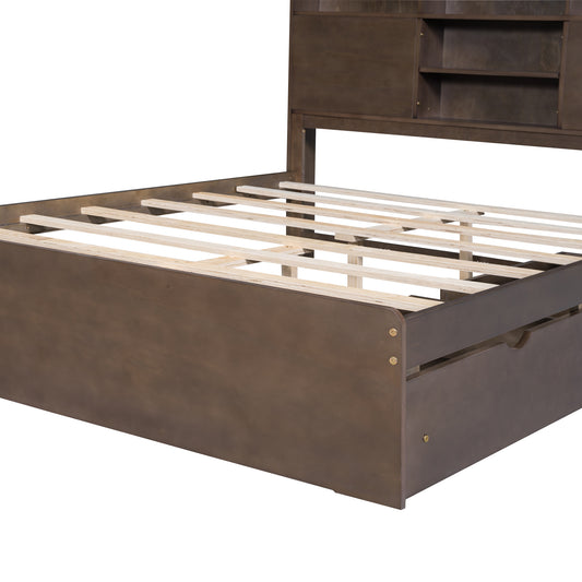 Full Size Wood Platform Bed with House-shaped Storage Headboard and 2 Drawers Walnut