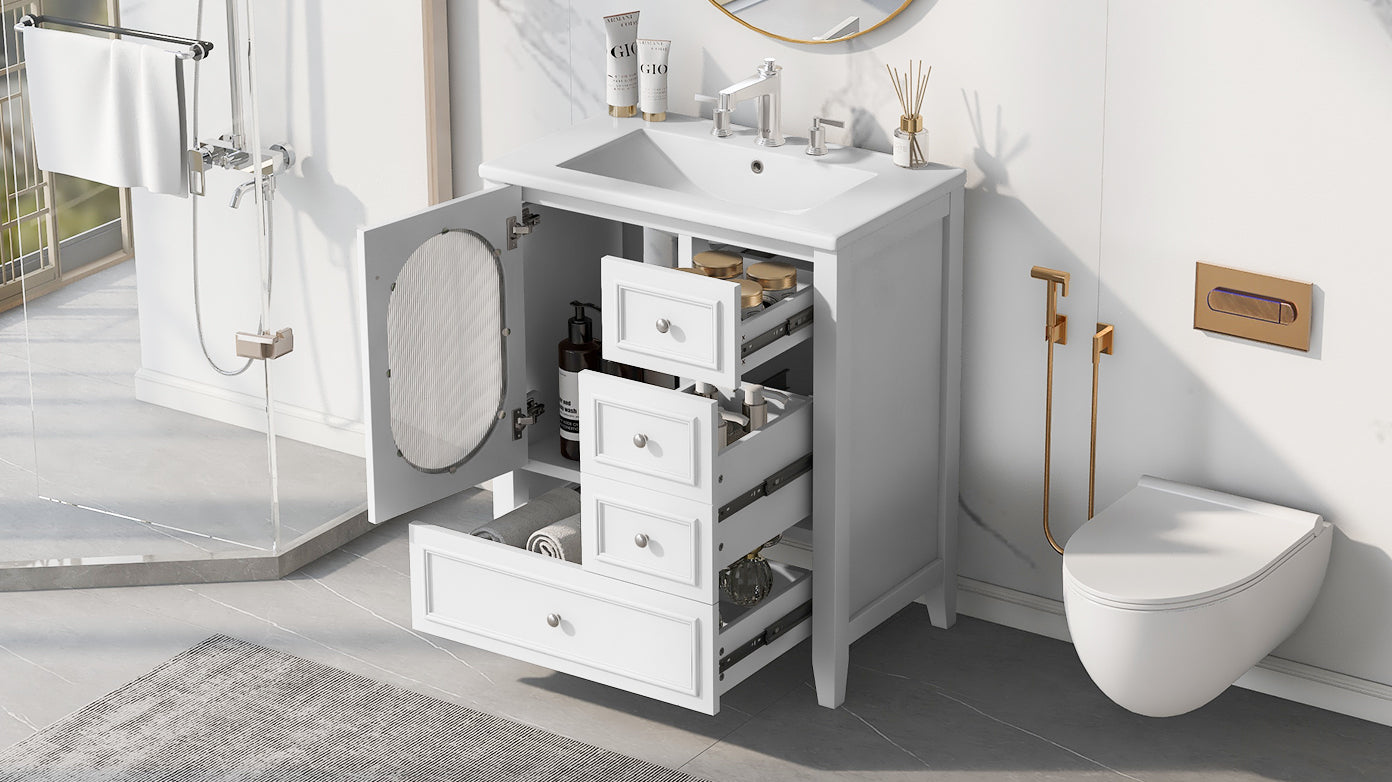 Bathroom Vanity with Sink, Bathroom Vanity Cabinet with Three Drawers and Door, Solid Wood and MDF, White