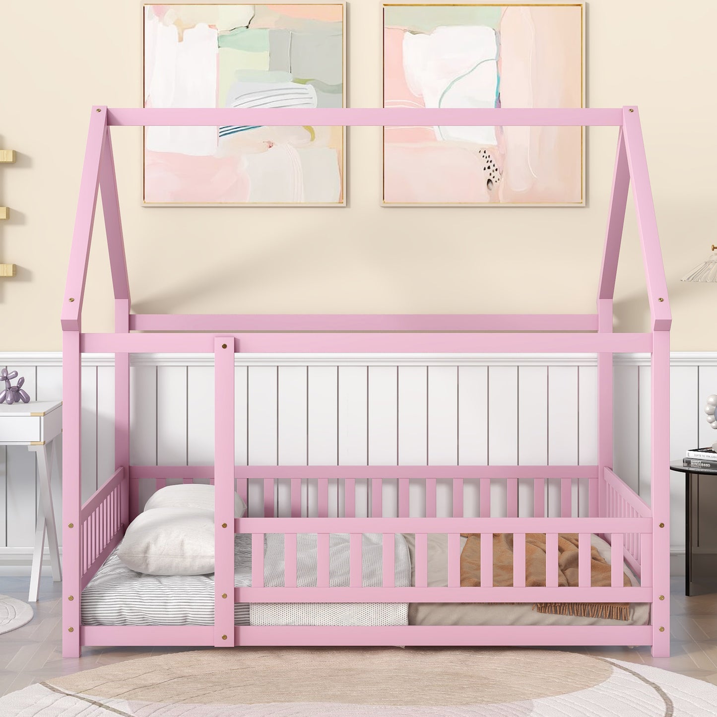 Full Size Floor Wooden Bed with House Roof Frame, Fence Guardrails ,Pink