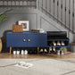 Modern Shoe Storage Bench with Hidden Storage and Upholstered Cushions, Navy Finish