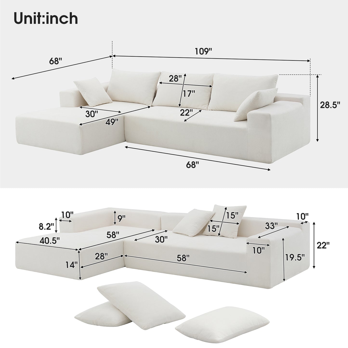 109" x 68" Modular Sectional Sofa Set, Modern Minimalist Style Couch in White