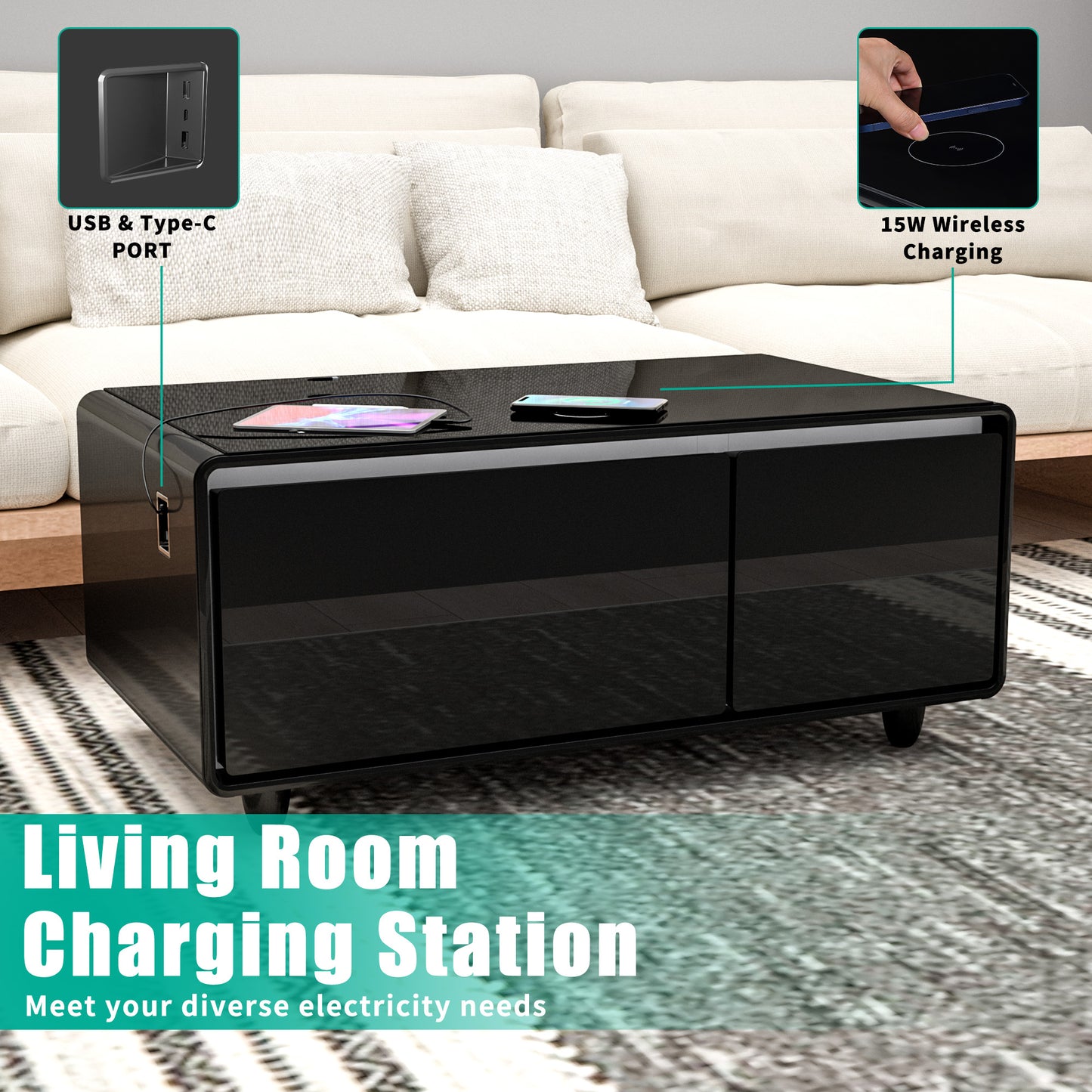 Modern Smart Coffee Table with Built-In Fridge, Bluetooth Speaker, Wireless Charging, and Touch Control Panel, Black