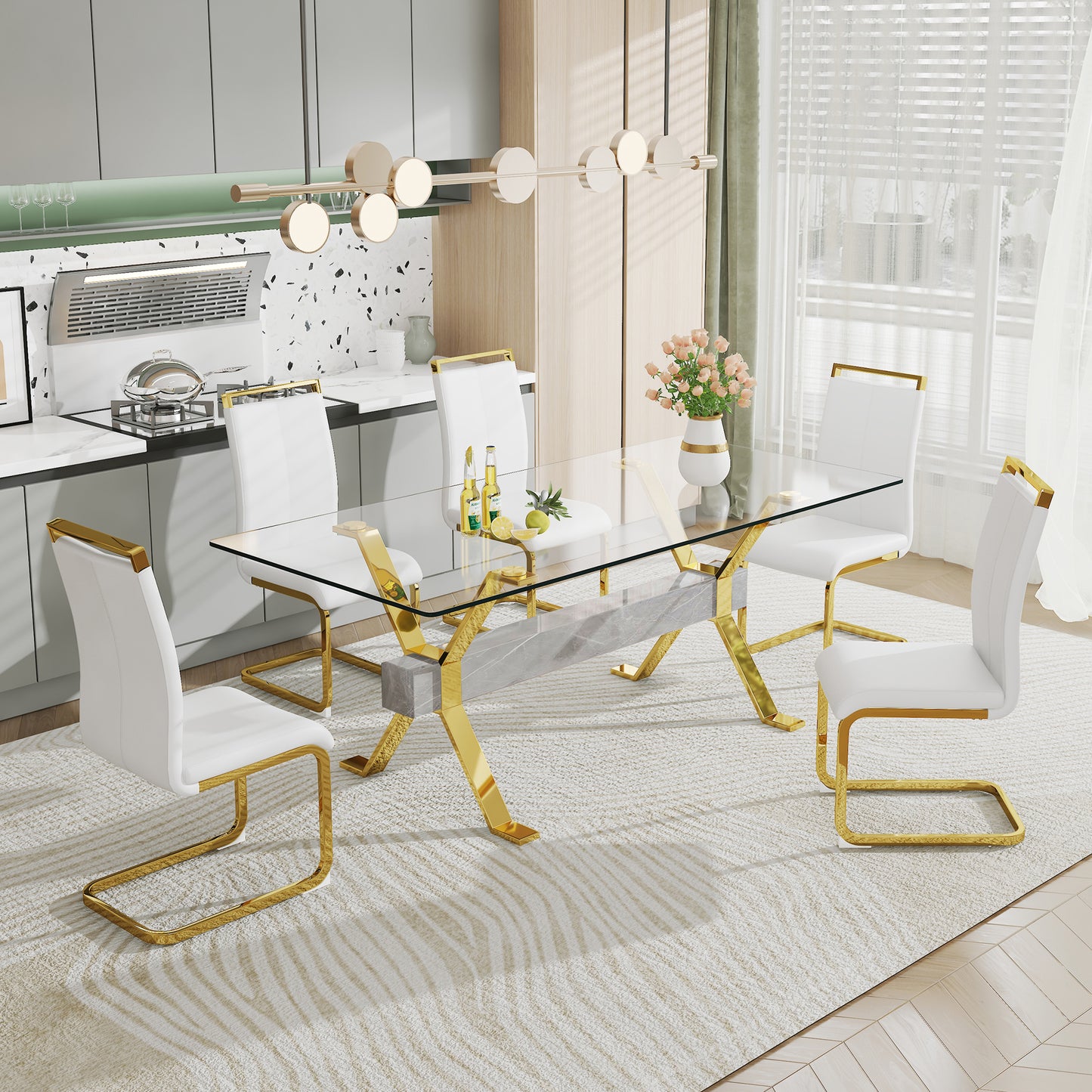 Modern Tempered Glass Dining Table, Large Office Desk with Gold Plated Metal Legs and MDF Crossbars