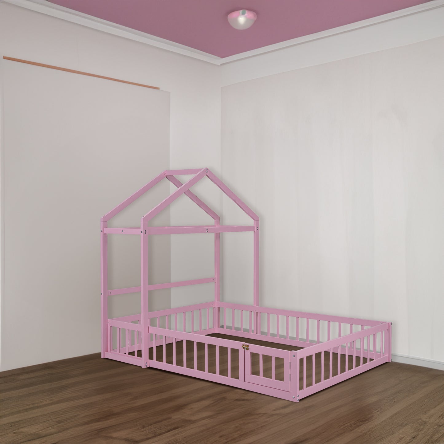 Wooden Full Size Children's Bed with Detachable Headboard and Integrated Clothes Drying Rack, Pink