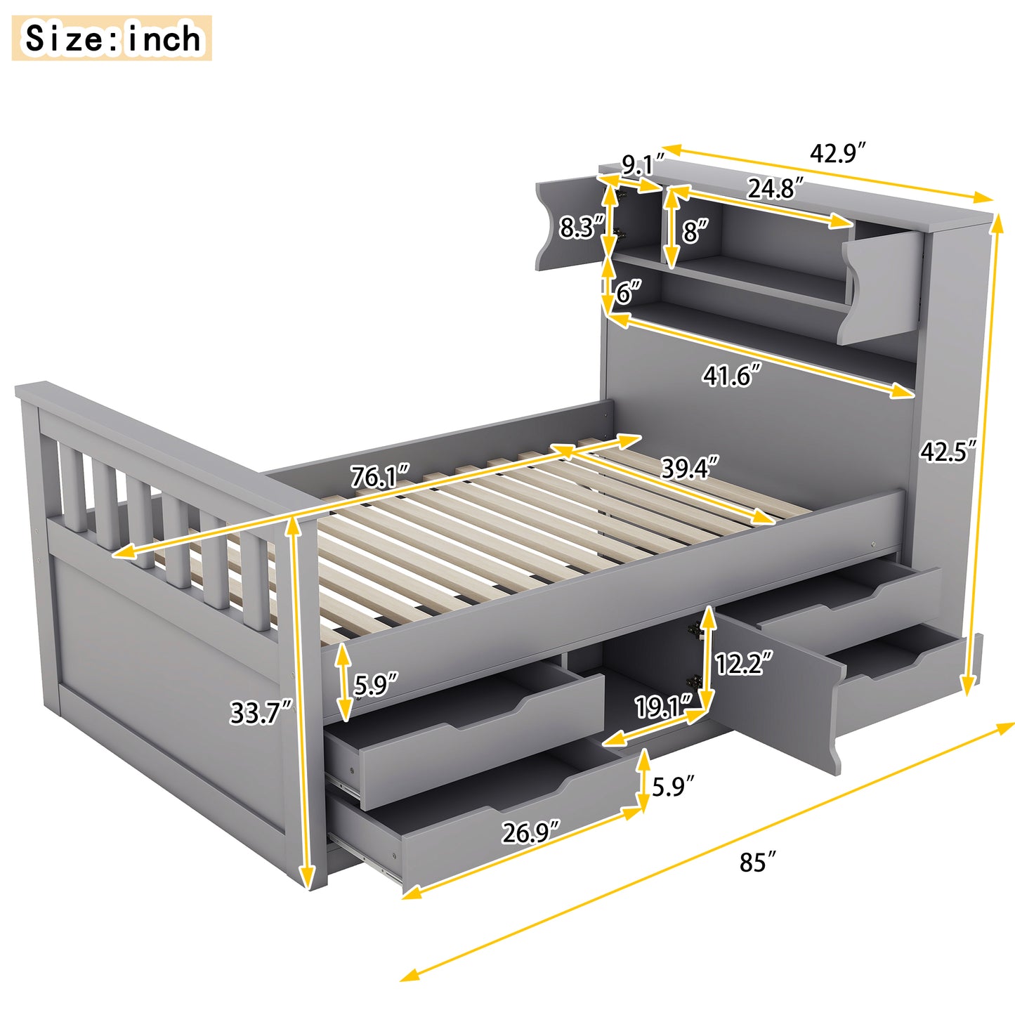 Twin Size Captain Platform Bed Frame with Storage Bookcases and Shelves,Four Drawers, Gray