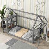 Twin House-Shaped Floor Bed with 2 Detachable Stands Grey