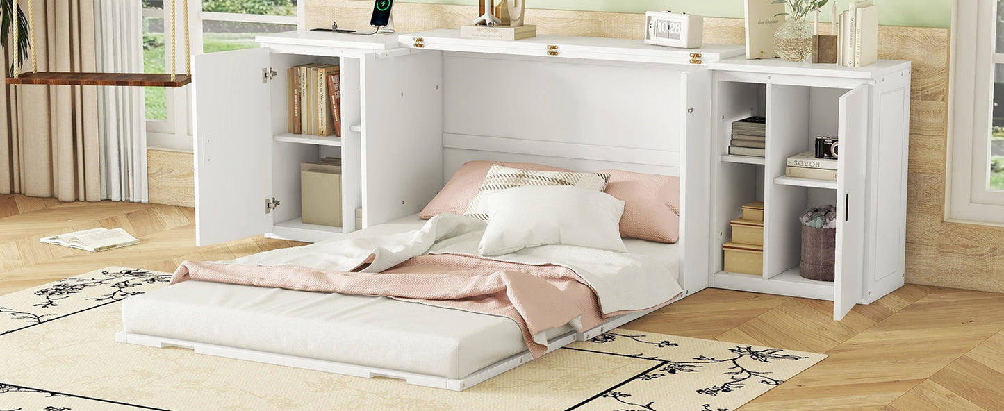 Cama plegable de tamaño completo con estantes, gabinetes y puertos USB, diseño que ahorra espacio en acabado blanco