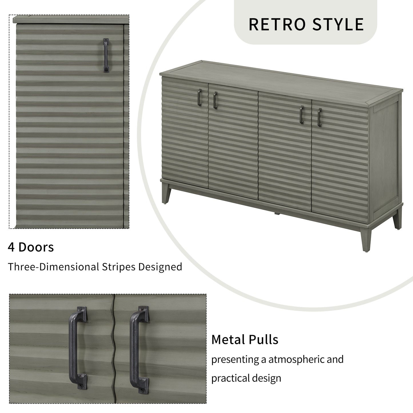 TREXM Side Panel Buffet with 4 Doors, Large Storage Cabinet with Adjustable Shelves and Metal Handles, Antique Gray