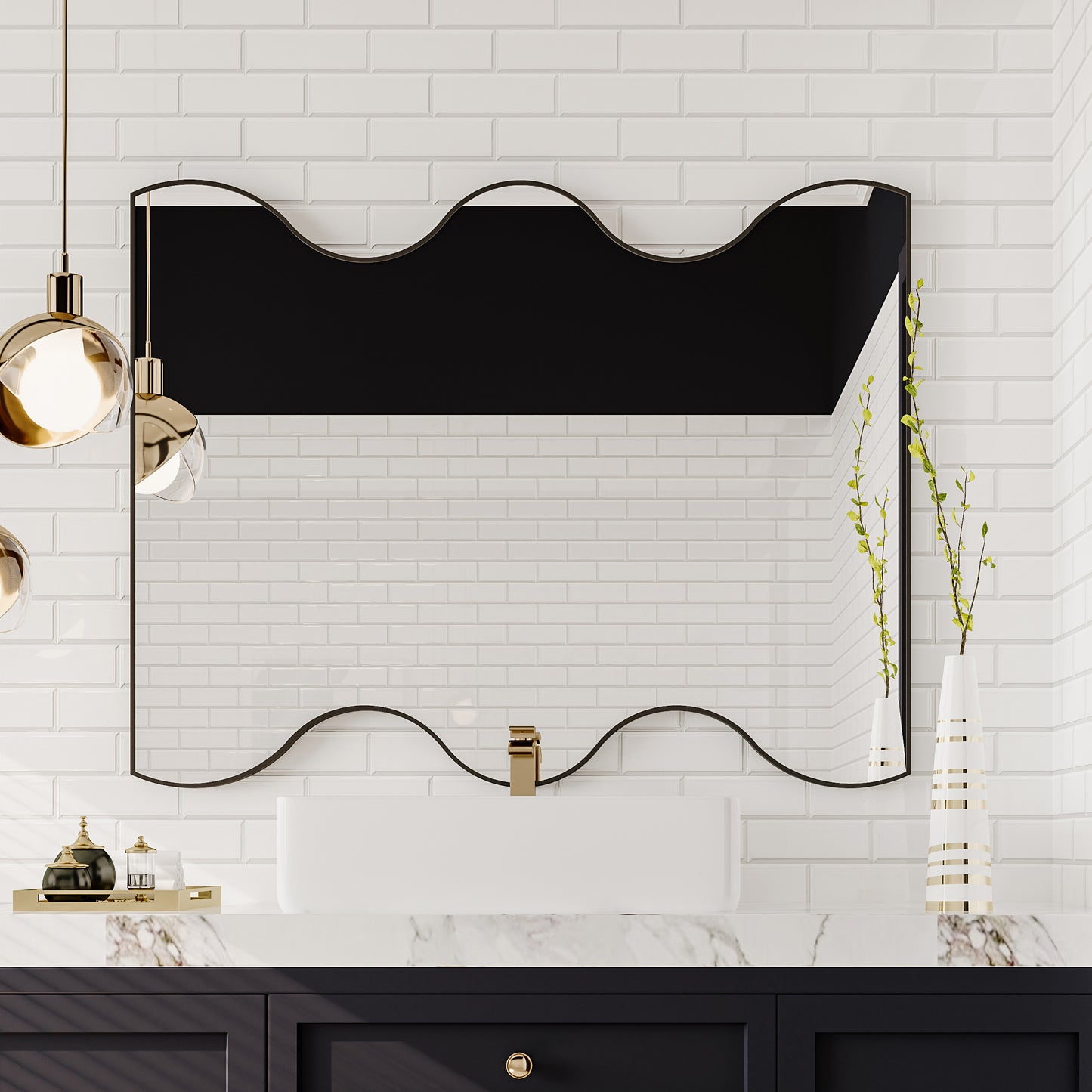 Wall Mirror 30x35 Inch Black Rectangular Mirror with 2 Wavy Sides Metal Framed Mirror Vanity Mirror Dressing Mirror