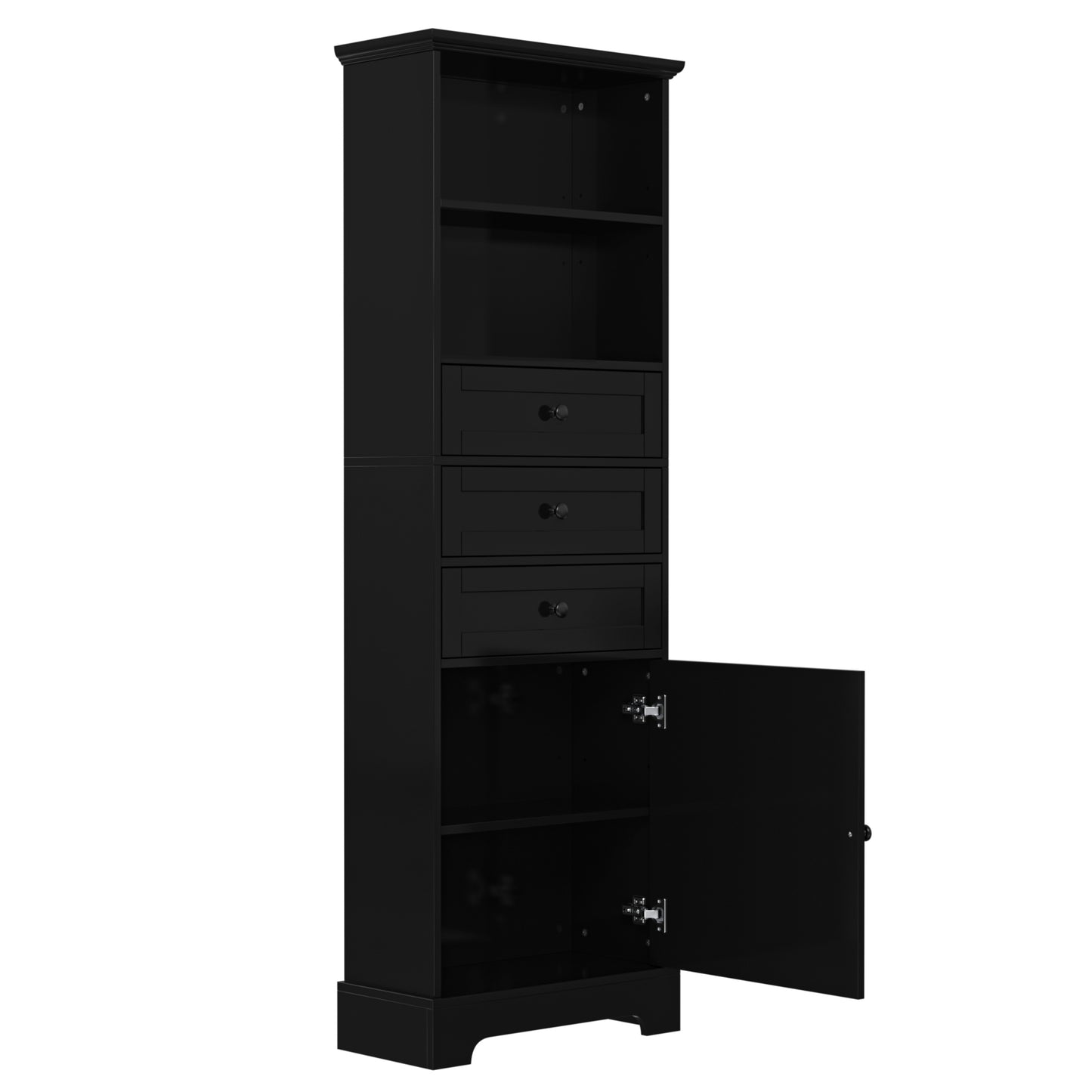 Black high storage cabinet with 3 drawers and adjustable shelves, MDF board painted