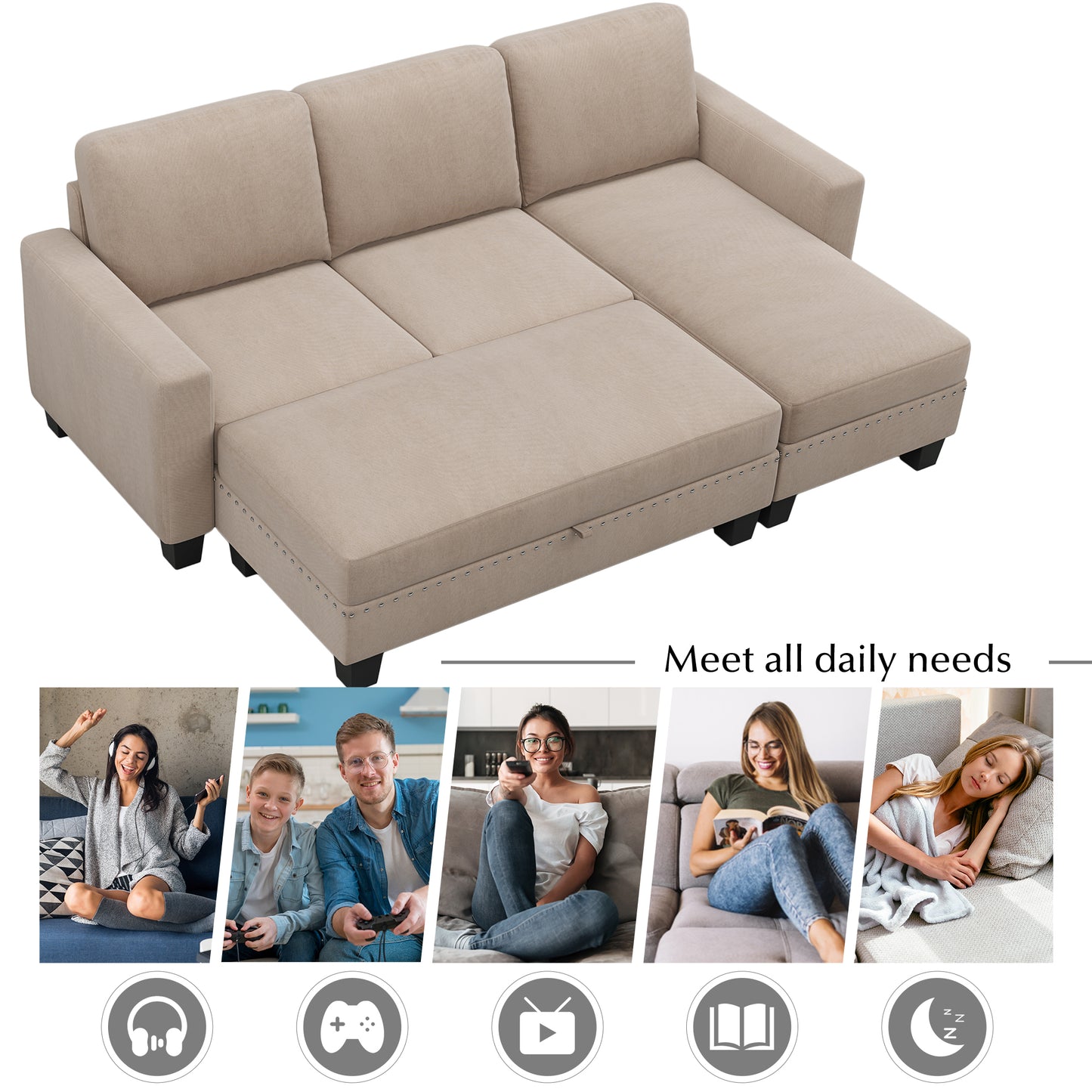 81" Reversible Sectional Couch with Storage Chaise, L-Shaped Sofa for Apartments in Warm Grey