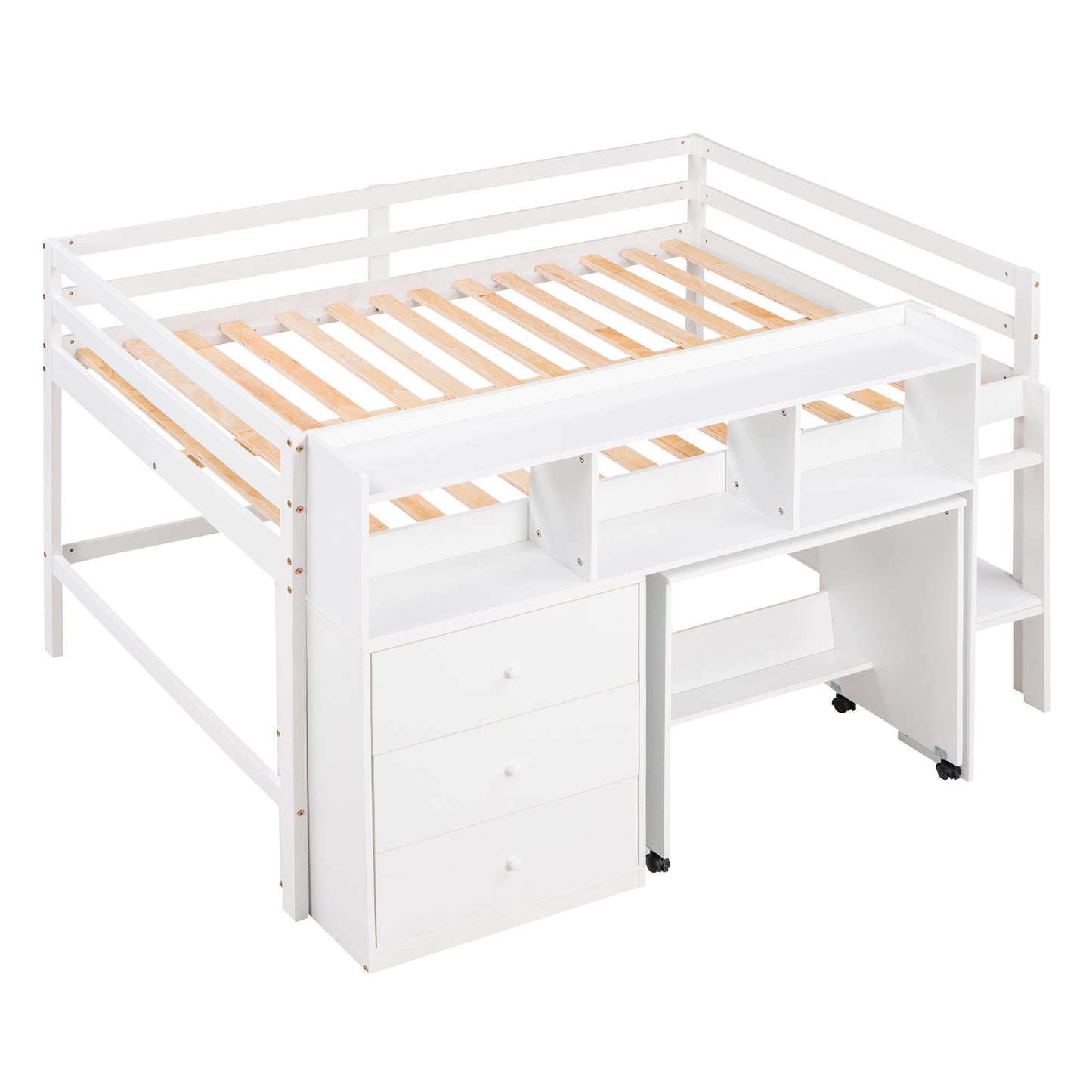 Full Size Low Loft Bed with Rolling Portable Desk, Drawers and Shelves, White