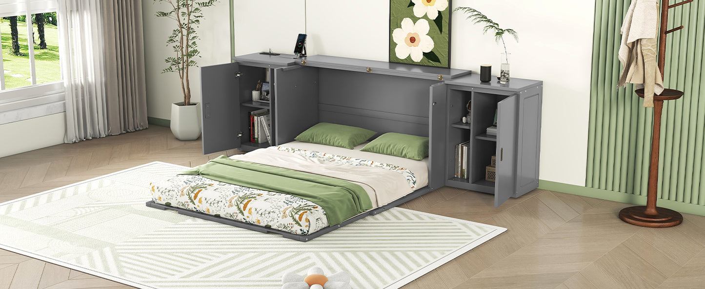 Cama plegable tamaño queen con estantes, gabinetes y puertos USB, acabado gris para dormitorios modernos