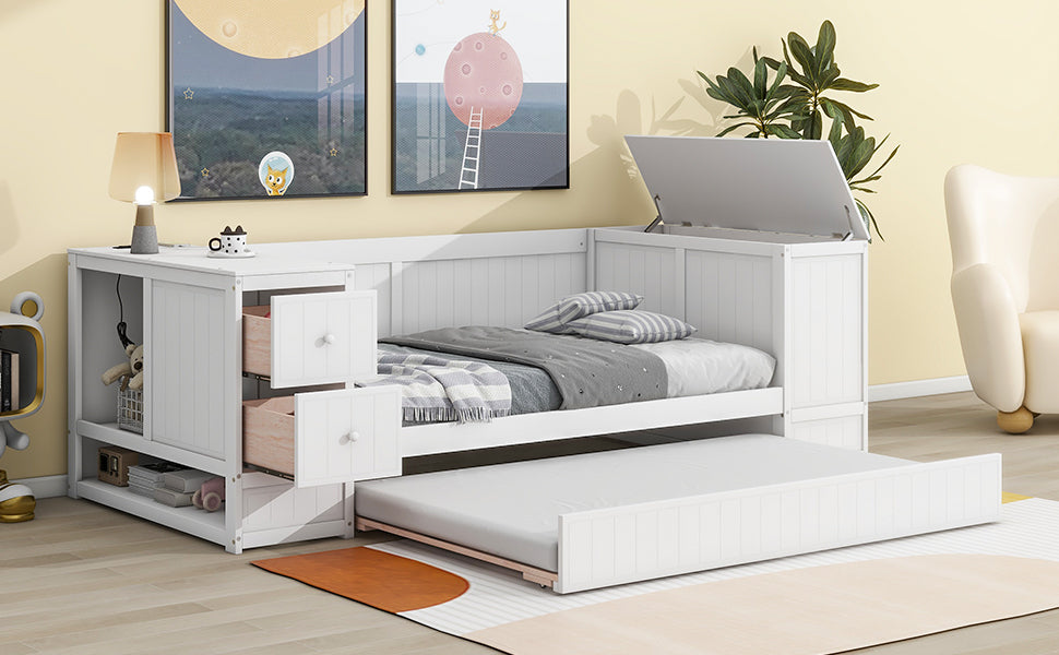 Twin Size Daybed with Storage Arms  Trundle and Charging Station White