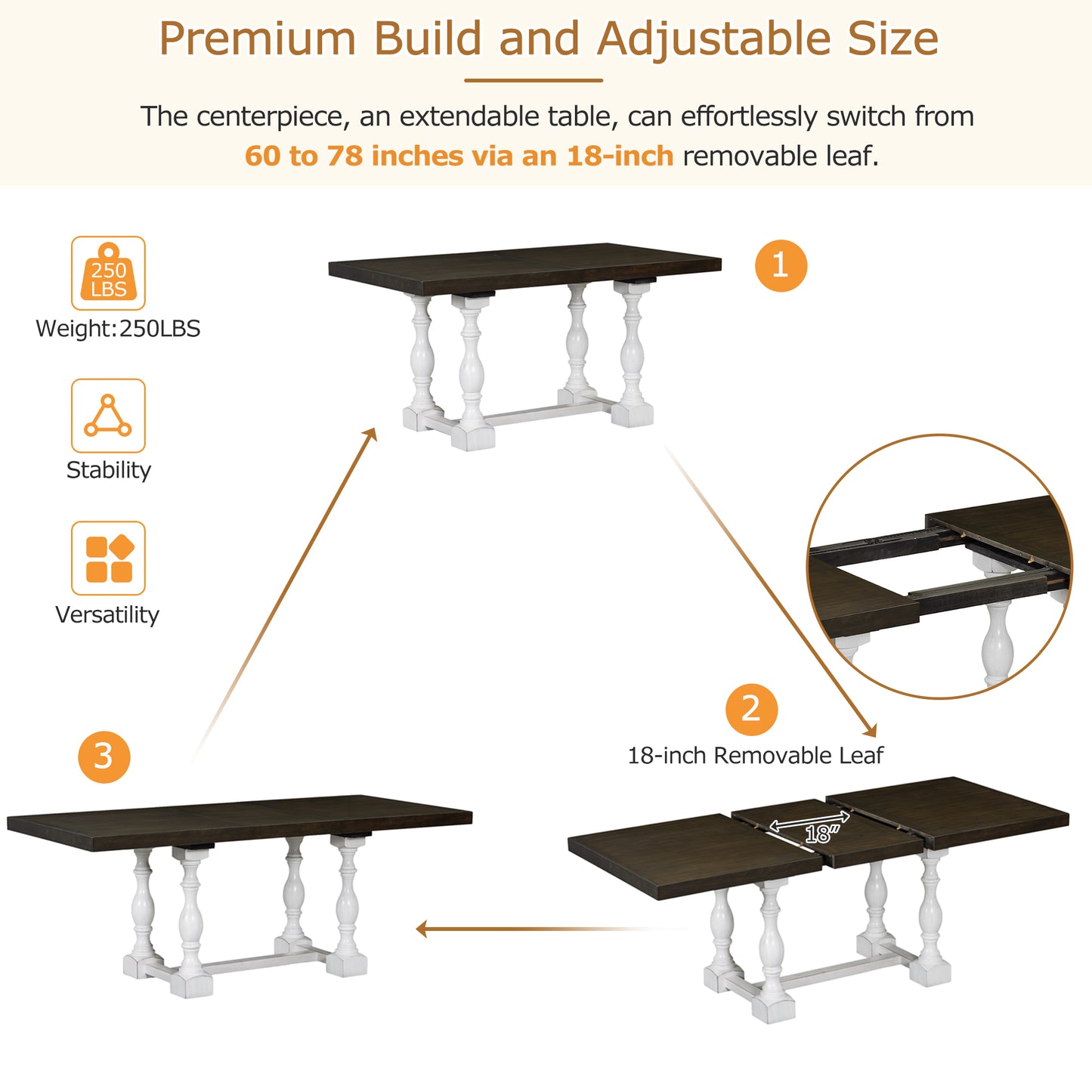 Traditional 6-Piece Trestle Extendable Dining Table Set with Removable Leaf, Padded Chairs, and Bench, Distressed White