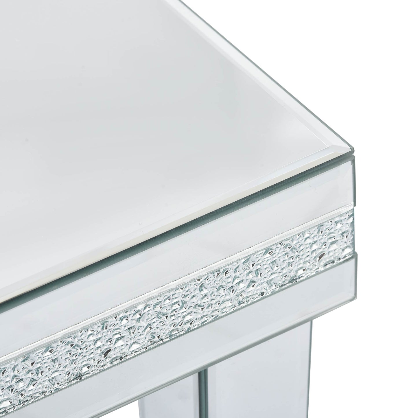 ON-TRANS Stylish Modern Glass Mirrored Coffee Table with Crystal Design and Adjustable Height Legs, Silver Finish